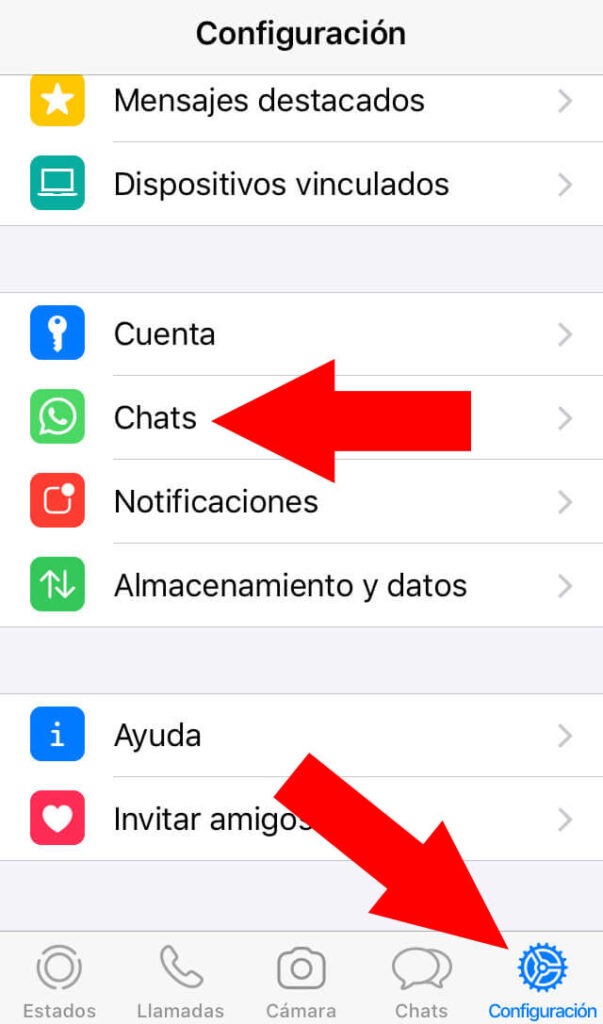 Versión de iOS de WhatsApp mostrando los apartados “Chats” y “Configuración”.