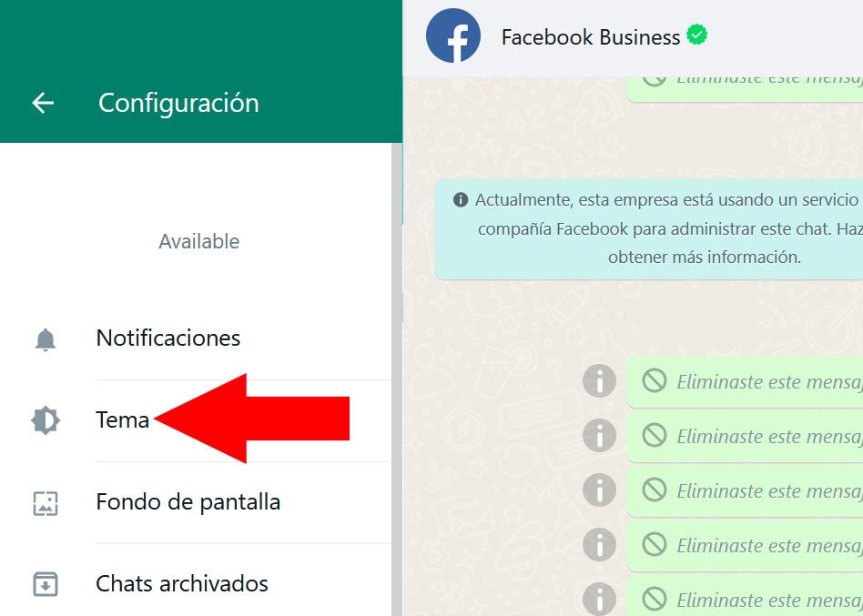 Versión web de WhatsApp mostrando la opción “Tema” del menú de configuración.