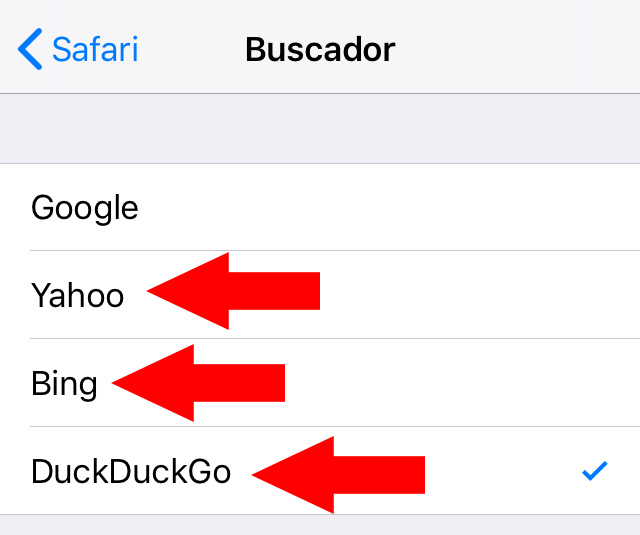 Menú de la opción “Buscador”, en donde se observan los apartados “Google”, “Yahoo”, “Bing”, y “DuckDuckGo”.