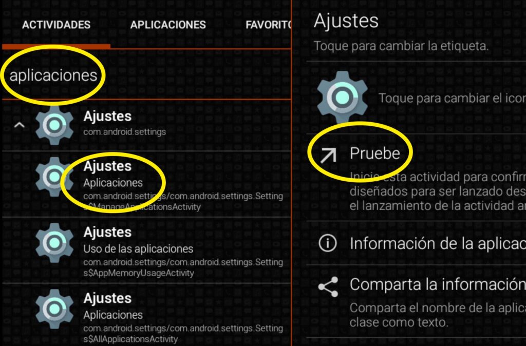 App de QuickShortcutMaker mostrando una barra de búsqueda con el texto “aplicaciones”. También se observa un apartado que dice “Aplicaciones”, y una opción que dice “Pruebe”.