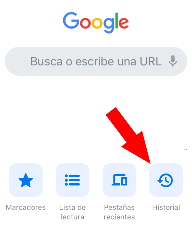 App de Google Chrome en un iPhone mostrando un botón que dice “Historial”.