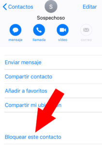 Menú de un contacto de la lista de contactos de un usuario mostrando el apartado “Bloquear este contacto”.