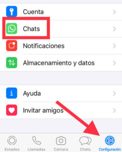 Menú de “Configuración” de WhatsApp, en donde se observa el apartado “Chats”.