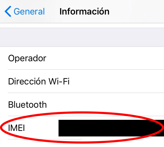 Menú del apartado “Información”, en donde se observa el IMEI del iPhone.