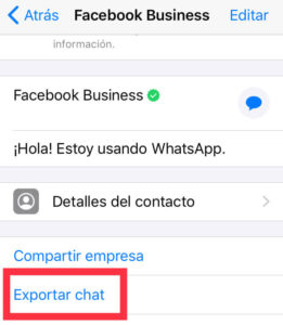 Menú que aparece al tocar el nombre de un usuario de WhatsApp, en donde se observa la opción “Exportar chat”.