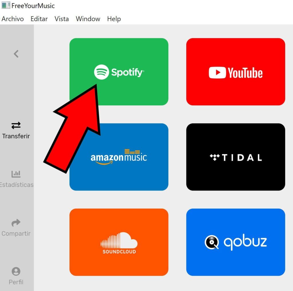 FreeYourMusic mostrando el botón “Spotify”.