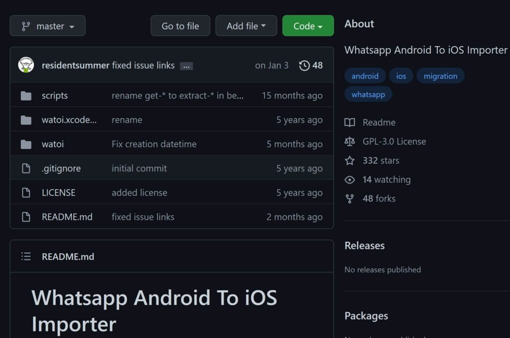 Repositorio de GitHub de la aplicación “WhatsApp Android to iOS Importer”.