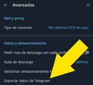 Menú de “Avanzados” mostrando el apartado “Exportar datos de Telegram”. 