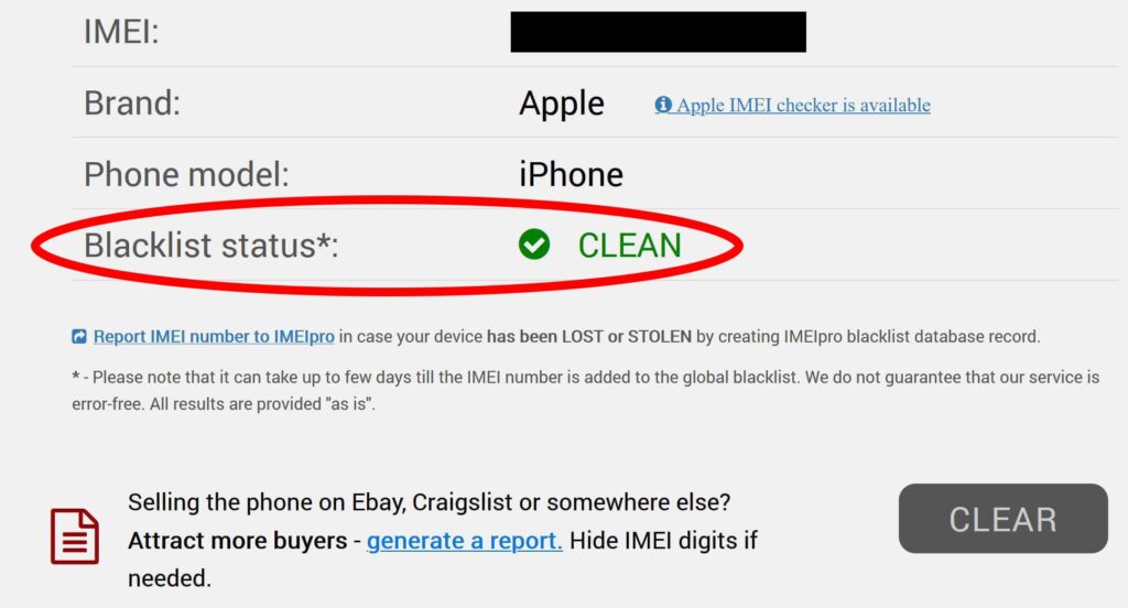 Apartado “Blacklist status” de IMEI Pro, en donde se observa el mensaje “CLEAN”.