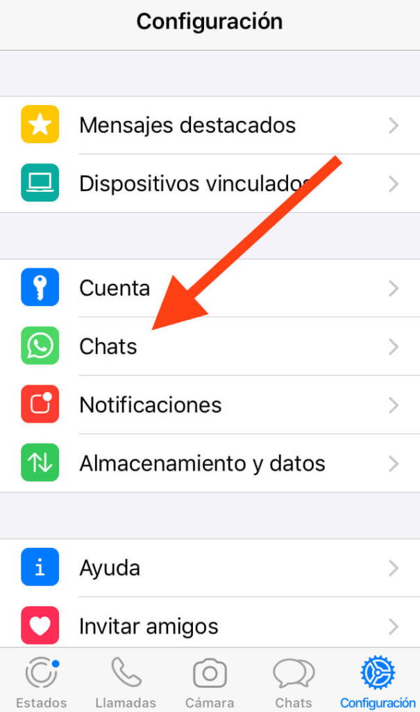 Menú de “Configuración” de WhatsApp mostrando la opción “Chats”.