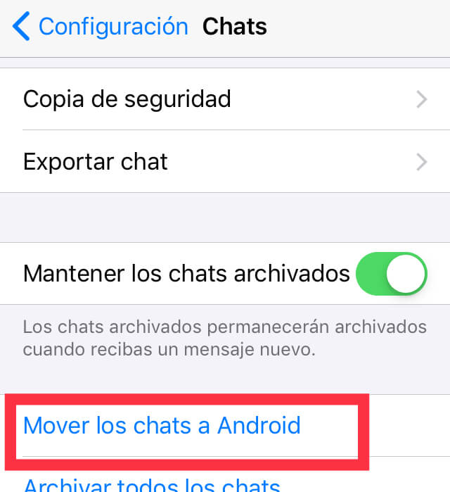 Menú de “Chats” de WhatsApp, en donde se observa el apartado “Mover los chats a Android”.
