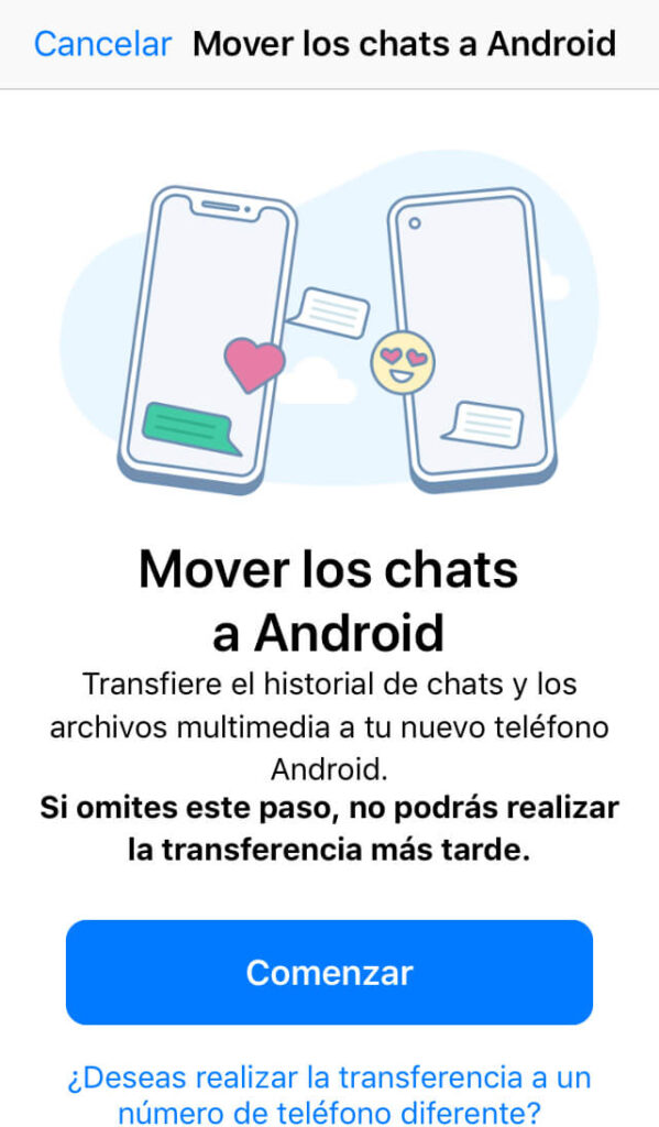 Ventana de la función nativa de WhatsApp para transferir chats de iPhone a Android.