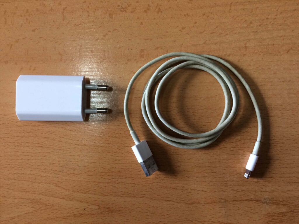 Adaptador de corriente y cable del cargador Lightning de Apple.