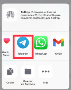 Modal para exportar un archivo en iPhone, el cual muestra la app de Telegram.
