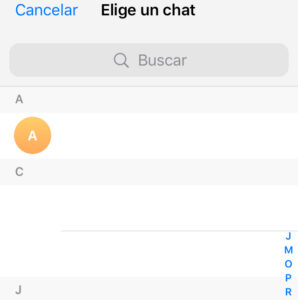 Menú para seleccionar un contacto en Telegram para así poder transferir un chat de WhatsApp a Telegram.