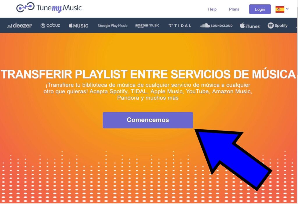 Sitio web de TuneMyMusic mostrando el botón “Comencemos”.