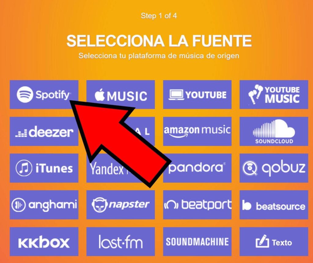 TuneMyMusic mostrando la opción “Spotify” y otros servicios de música por streaming.