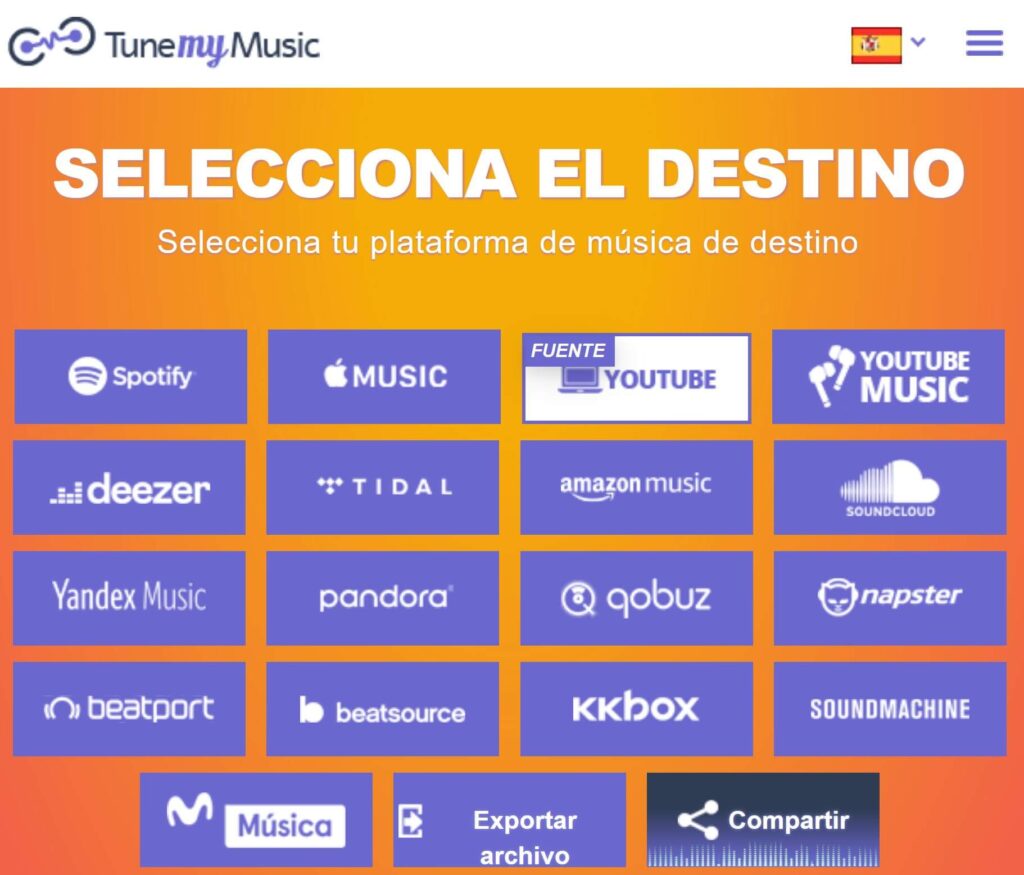 TuneMyMusic mostrando los servicios de streaming con los que es compatible, en donde se observa que la opción “YouTube” está marcado con el texto “Fuente”.