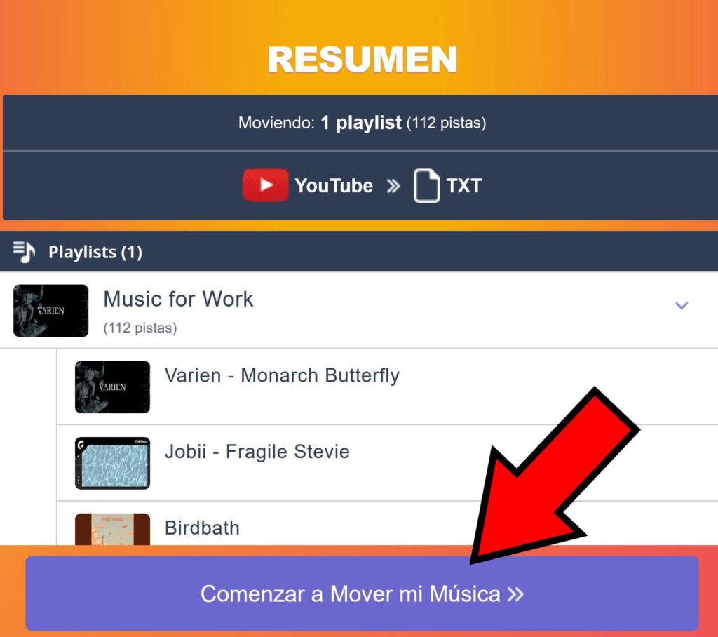 TuneMyMusic mostrando el botón “Comenzar a Mover mi Música”.