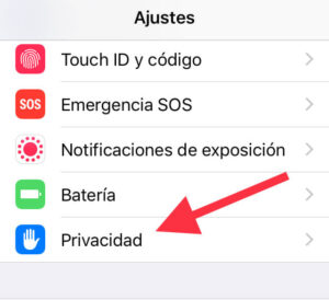 Opción “Privacidad” del menú de Ajustes de un iPhone. 