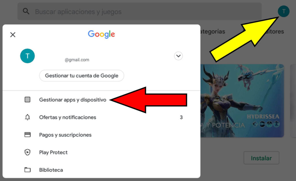 Tienda de Google Play mostrando la foto de perfil de un usuario, y la opción “Gestionar apps y dispositivo”.