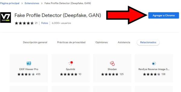Botón “Agregar a Chrome” de la página con la extensión del Fake Profile Detector.