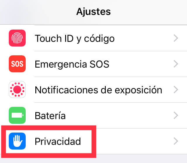 Opción “Privacidad” de los ajustes de un iPhone.