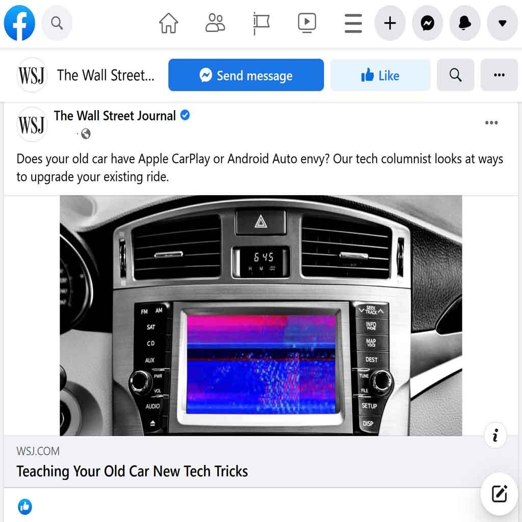 Perfil de Facebook del Wall Street Journal mostrando una noticia sobre coches.
