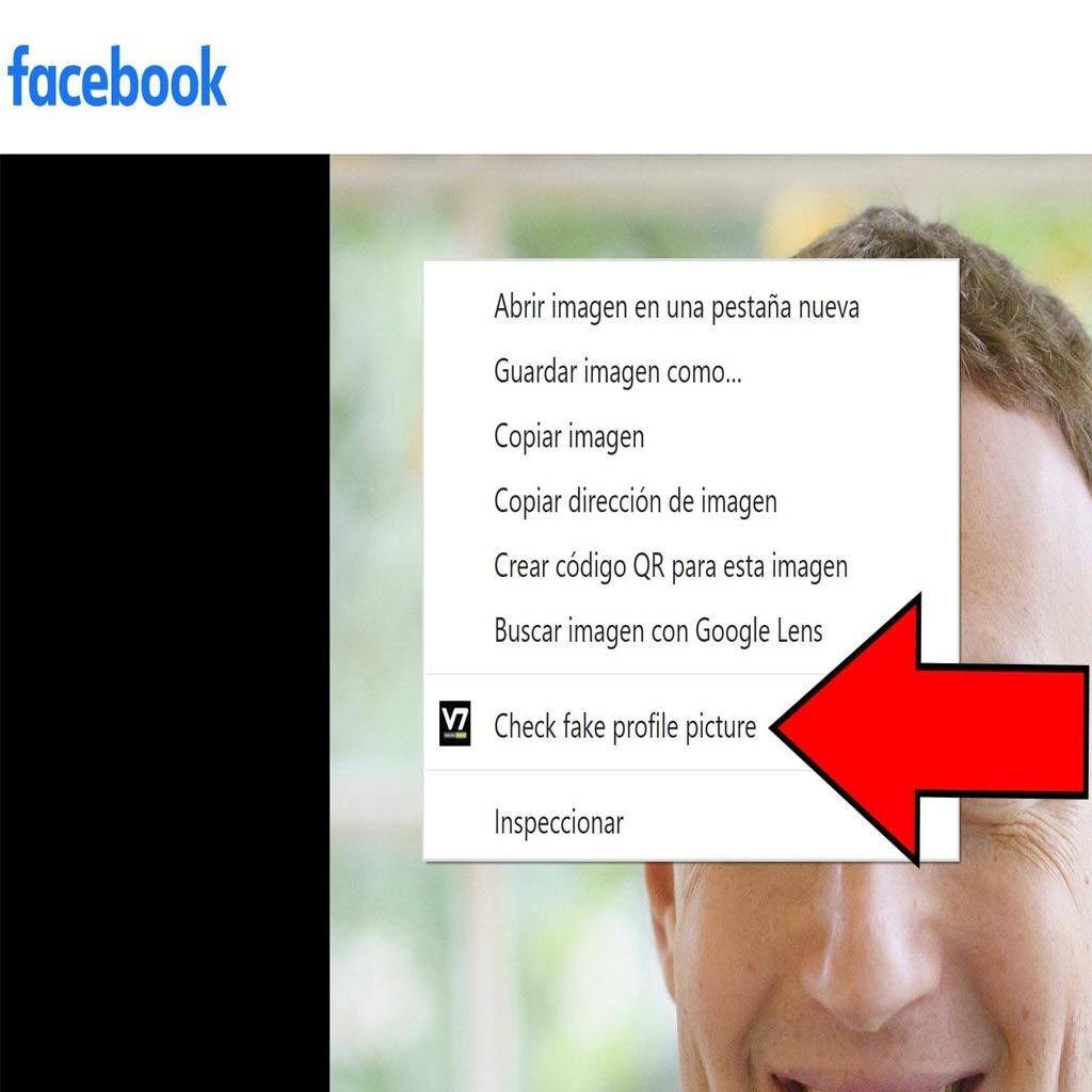 Foto de perfil rectangular en Facebook, y el menú con la opción “Check fake profile picture”.