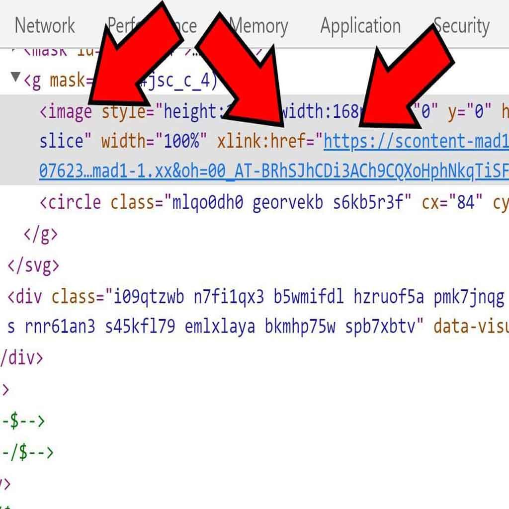 Inspector de Chrome mostrando los prefijos “image”, “href” y “https” de la etiqueta con el enlace a una foto de perfil.