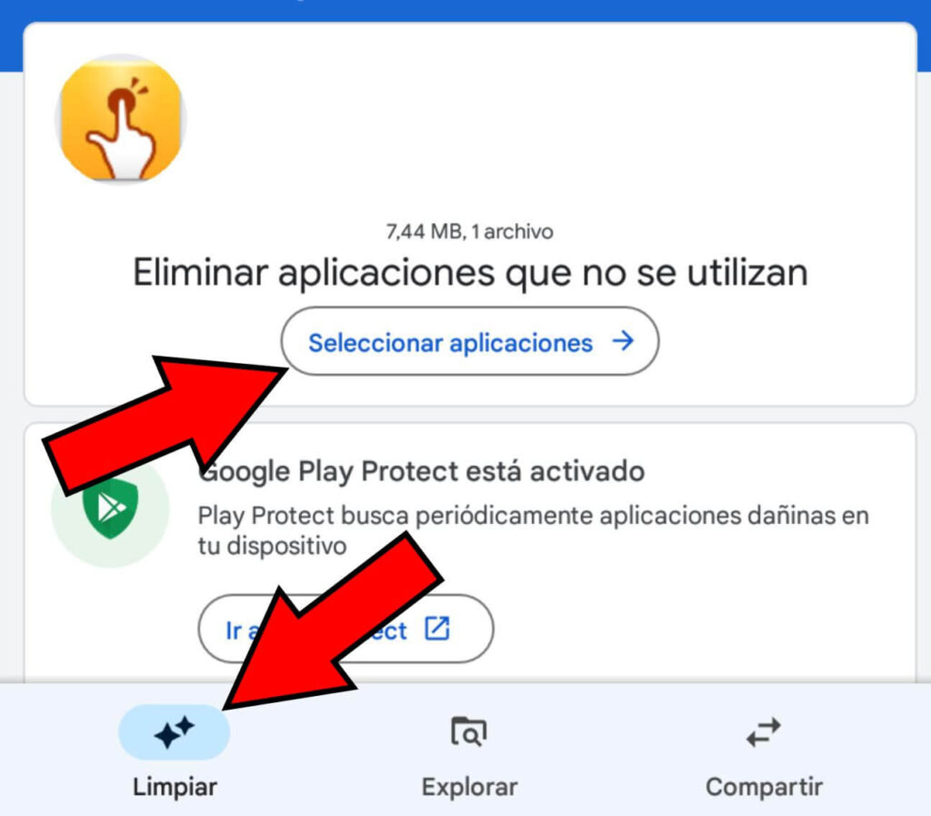 App de Files mostrando las opciones “Limpiar” y “Eliminar aplicaciones que no se utilizan.”