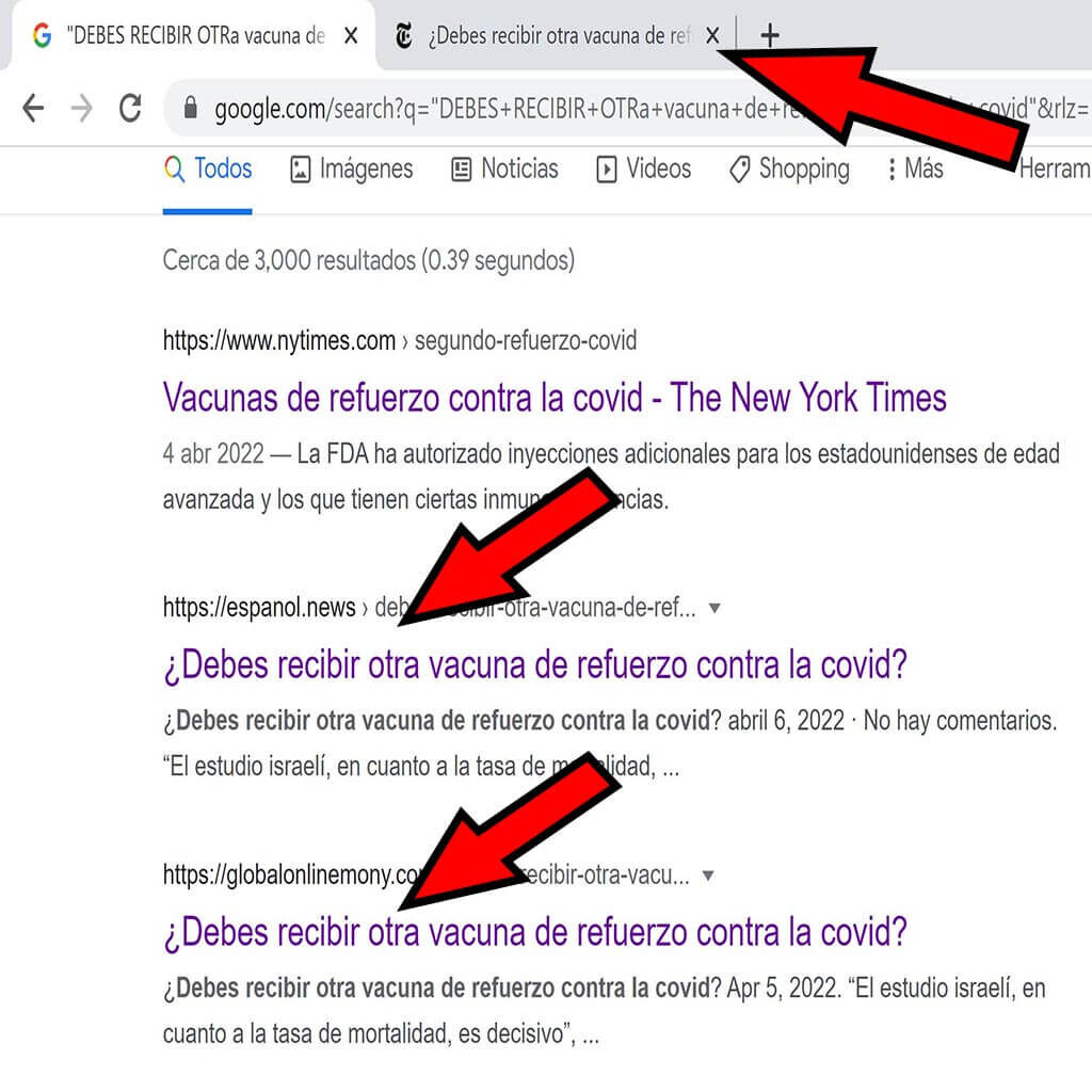 Búsqueda de Google mostrando un título de una noticia del New York Times en otros sitios web.