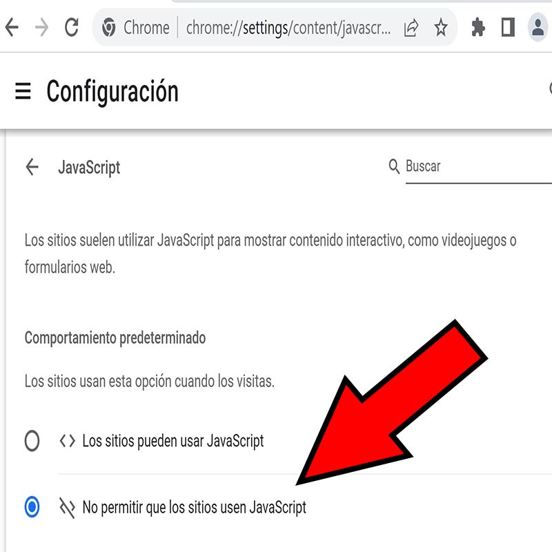 Opción “No permitir que los sitios usen JavaScript” de la configuración de Google Chrome.