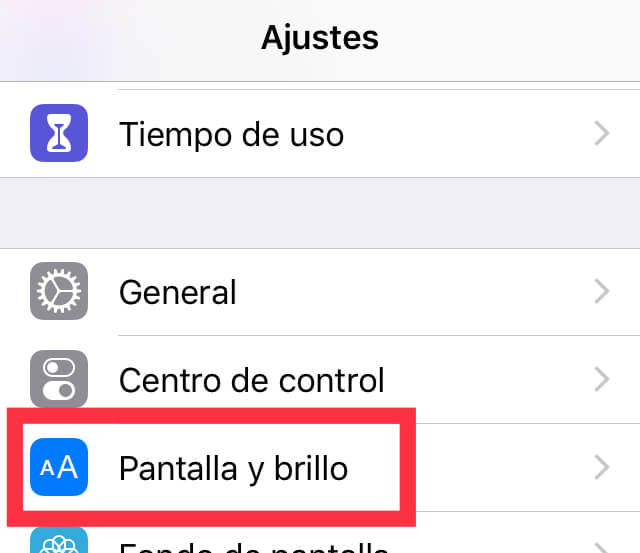 Opción “Pantalla y brillo” de los ajustes de un iPhone.