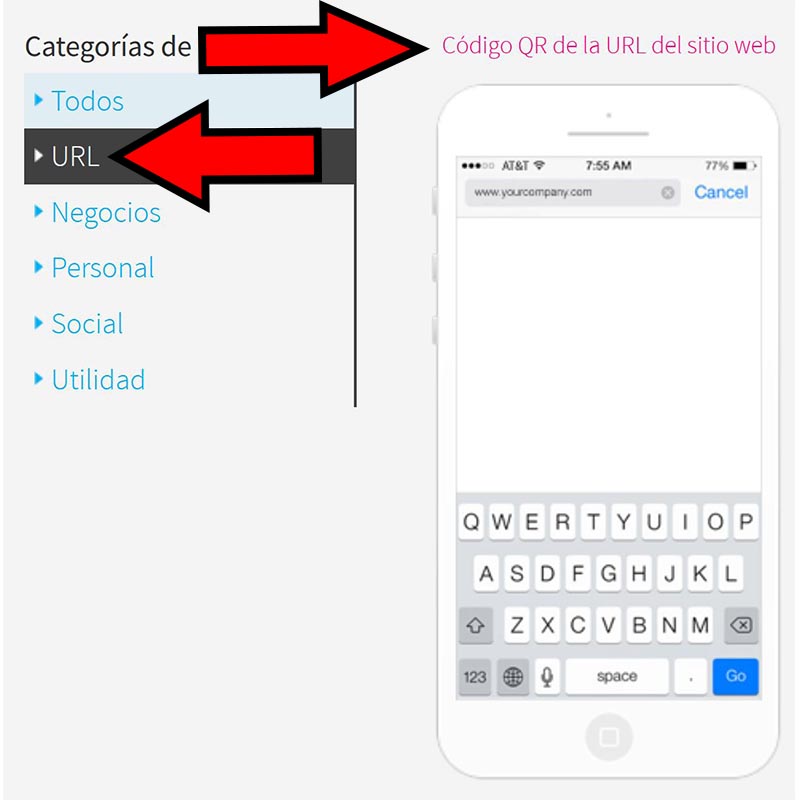 Opciones “URL” y “Código QR de la URL del sitio web”.