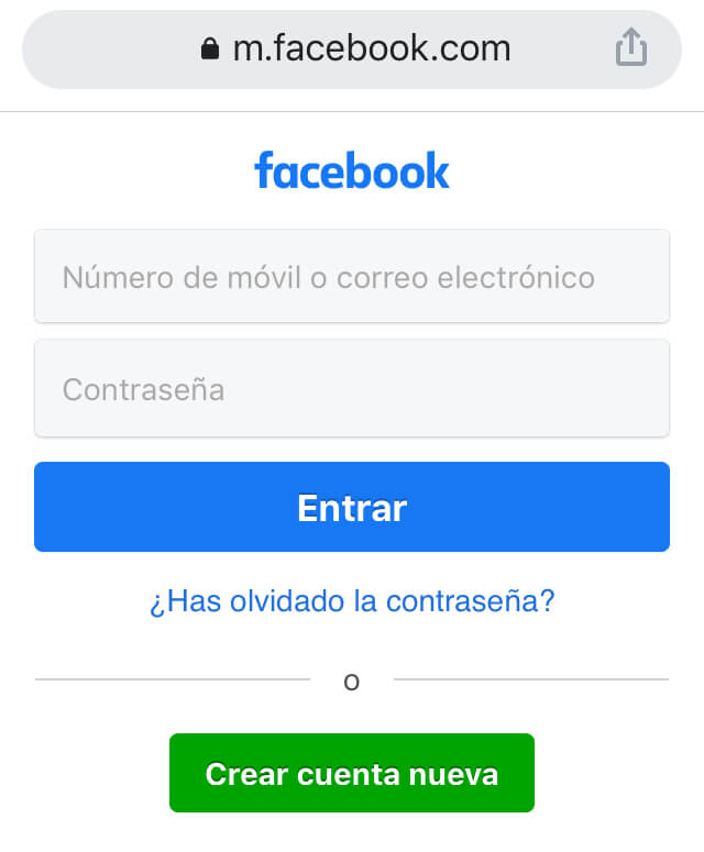 Formulario de inicio de sesión de la versión web de Facebook en un móvil.