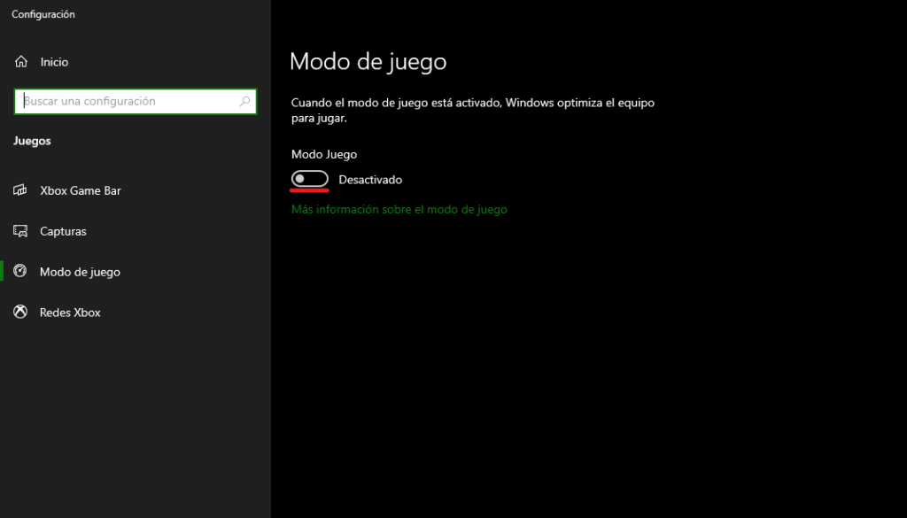 Activa el Modo Juego en Windows 10.