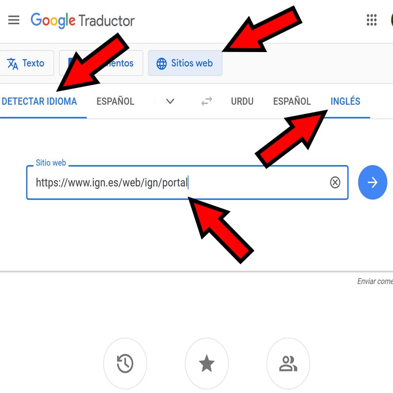 Traductor de Google mostrando el botón “Sitios web”, y las casillas “Detectar idioma”, “Inglés”, y “Sitio web”.