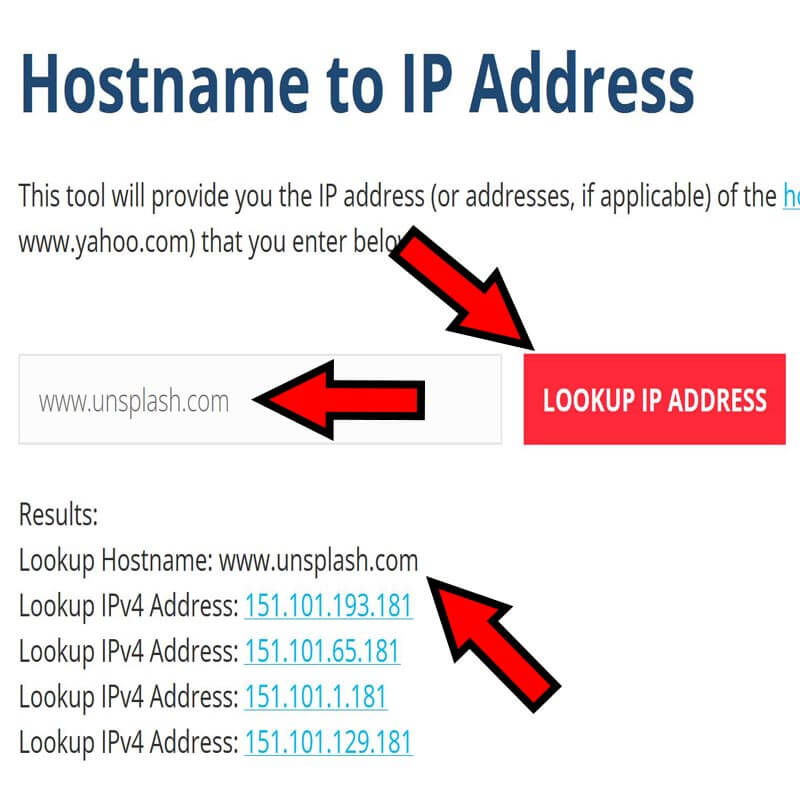 Sitio web de What Is My IP Address mostrando las IPs de Unsplash, y el botón “LOOKUP IP ADDRESS”.