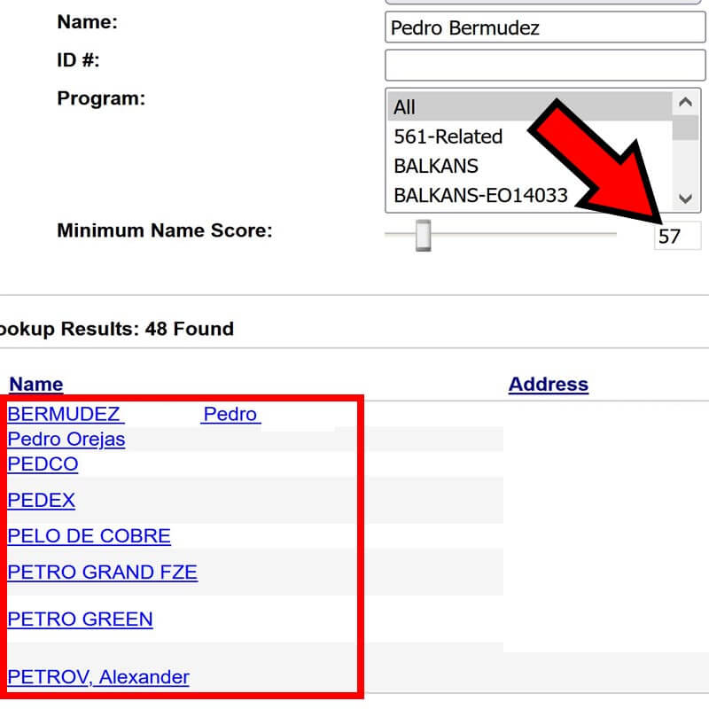 Lista OFAC mostrando el número “57”, en donde se observan 8 resultados al buscar el nombre “Pedro Bermúdez”.