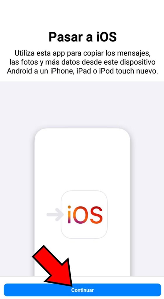 App “Pasar a iOS” en un Android mostrando la opción “Continuar”.