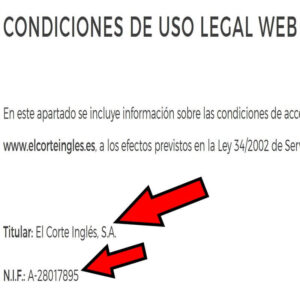Términos y condiciones del sitio web de El Corte Inglés, en donde se observa su razón social y su NIF.
