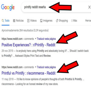 Búsqueda en Google de reseñas de Printify en reddit.
