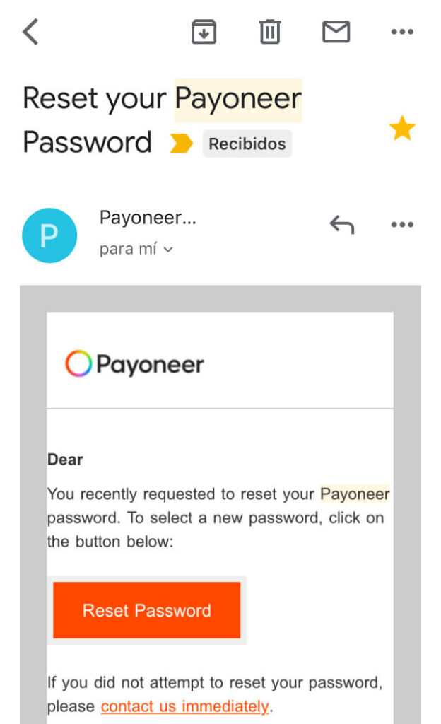 Email con un enlace para resetear la contraseña de Payoneer de un usuario.
