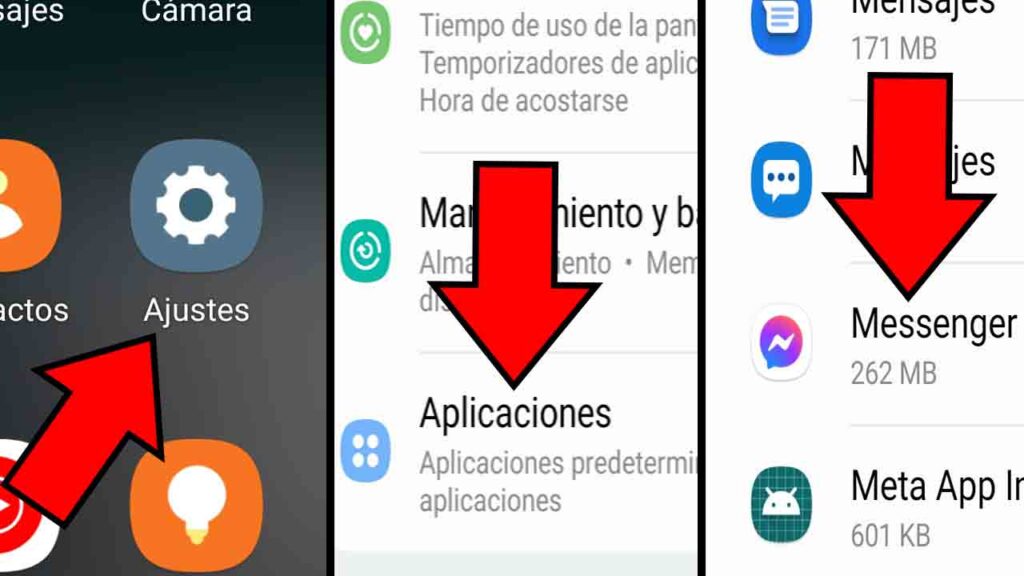 Opciones “Ajustes”, “Aplicaciones”, y “Messenger” en Android.