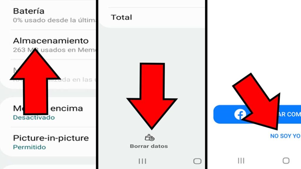 Opciones “Almacenamiento”, “Borrar datos”, y “NO SOY YO” de Android.
