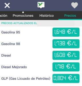 App “Gasolineras España” mostrando los precios de cinco tipos de gasolina.