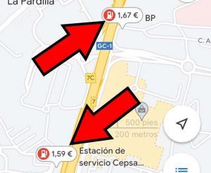 Google Maps mostrando los precios de la gasolina en dos gasolineras. 