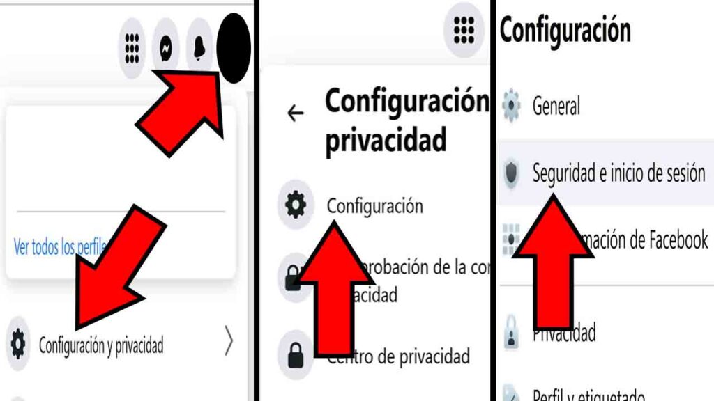Foto de perfil de un usuario, y opciones “Configuración y privacidad”, “Configuración”, y “Seguridad e inicio de sesión” de la web app de Facebook.