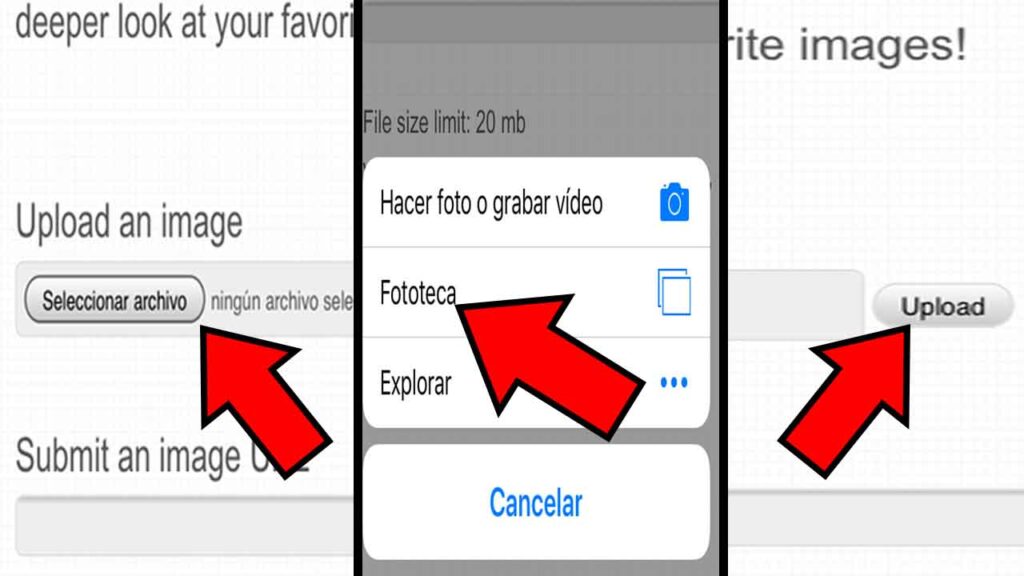 Botones “Seleccionar archivo” y “Upload” de EXIF Data Viewer, y opción “Fototeca” de un iPhone.